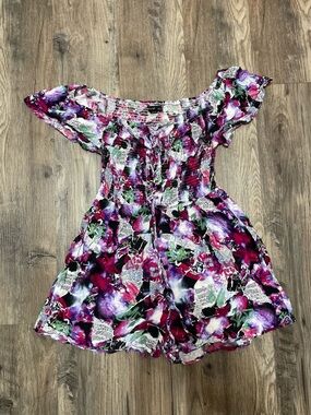 Girls Floral Off-Shoulder Romper Dress in Magenta Purplew